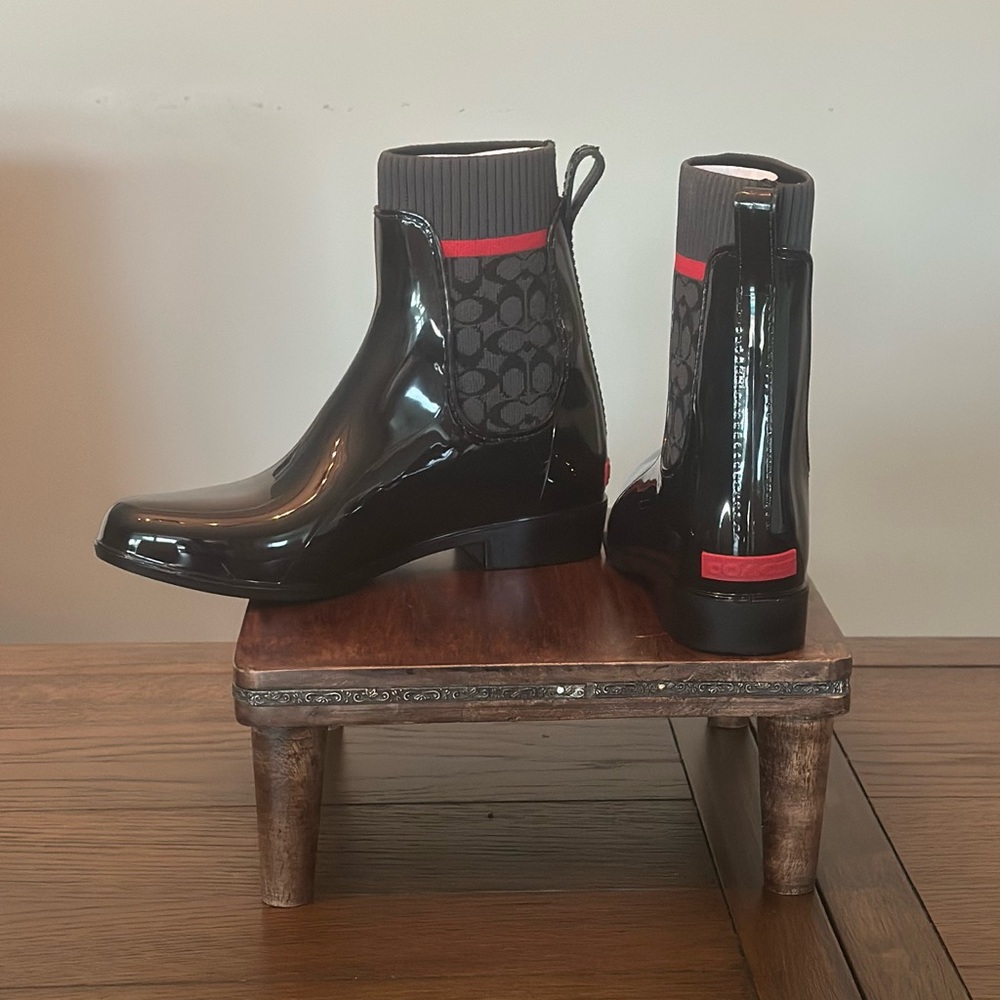 Coach Glossy Black Boots with Red Trim
